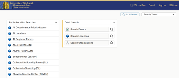 The homepage dashboard of 25Live Academic Space Reservation System provides a dropdown menu for all public locations available for search.