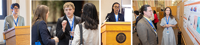 Collage of snapshots from conference, including speakers at lecterns, poster presenters, and students networking.