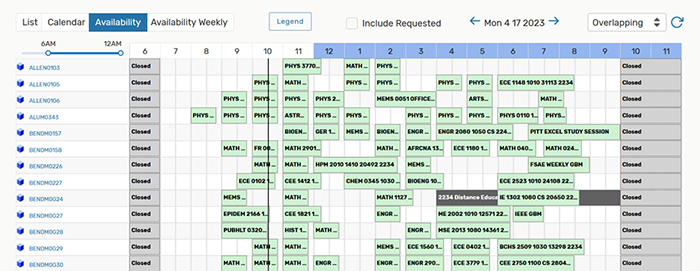The list of clasrooms is arranged in an alphabetical list with times in use visible in the grid.