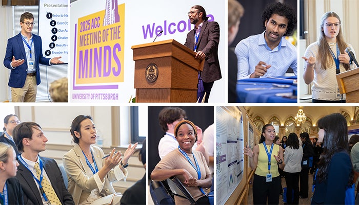 A collage of photos from 2025 Meeting of the Minds shows student presenters during oral presentations, poster presentations, and group events.