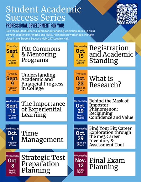 Student Academic Success Series workshop schedule; content is outlined in text below.