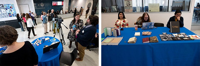 Side-by-side photos show people gathering at the showcase event and three students sharing their work at a display table.
