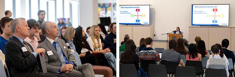 Provost Joe McCarthy watches from the audience; Associate Vice Provost for Curricular Innovation Belkys Torres introduces the experiential learning student showcase to an audience.