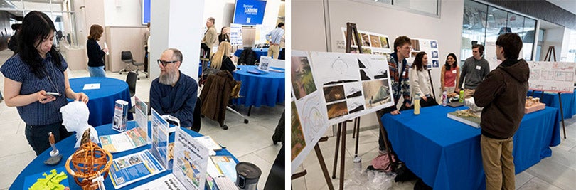 Two photos of experiential learning opportunity table displays presented by students.