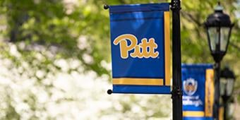 Blue and gold banner with the Pitt script logo hangs on a lamp post on campus.
