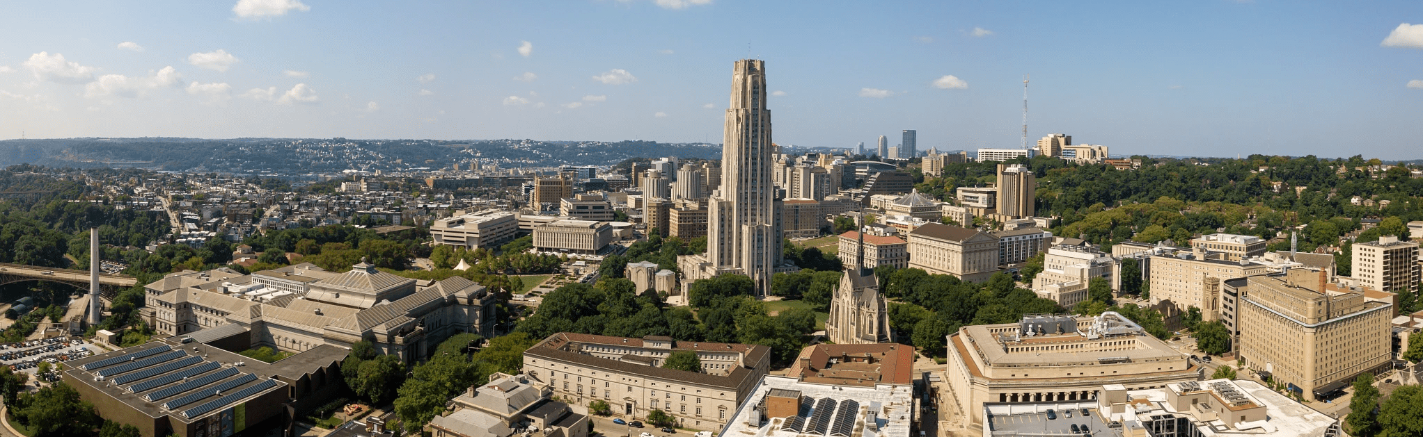 drone view of Pittsburgh campus on a clear day.