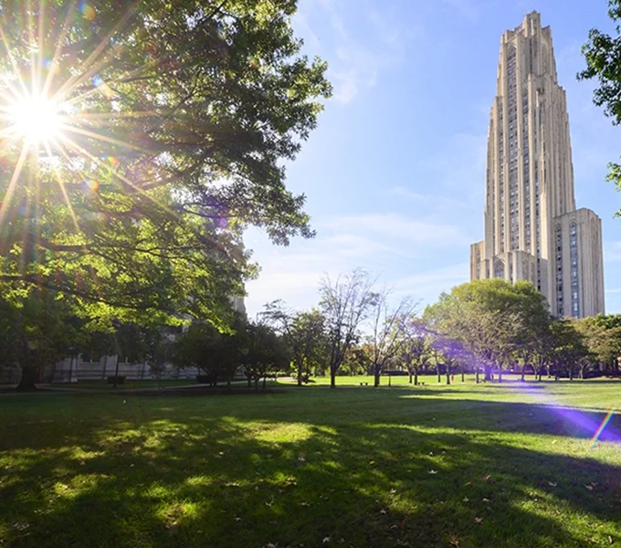 Cathedral of Learning and campus lawn on a sunny day